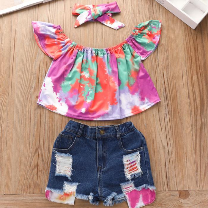 Summer Girls' Hole Shorts One Shoulder Top Denim Shorts Set Three Piece Children's Denim Shorts Suit