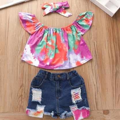 Summer Girls' Hole Shorts One Shoulder Top Denim Shorts Set Three Piece Children's Denim Shorts Suit