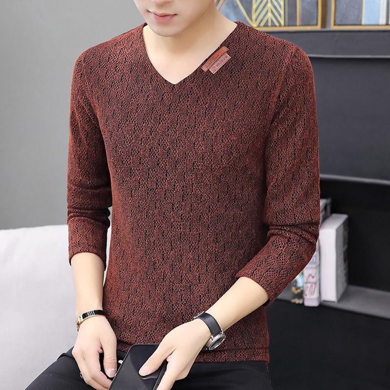 Long-sleeved T-shirt Men's Autumn and Winter Warm and Comfortable Tops Plus Size Men's V-neck Bottoming Shirt Men