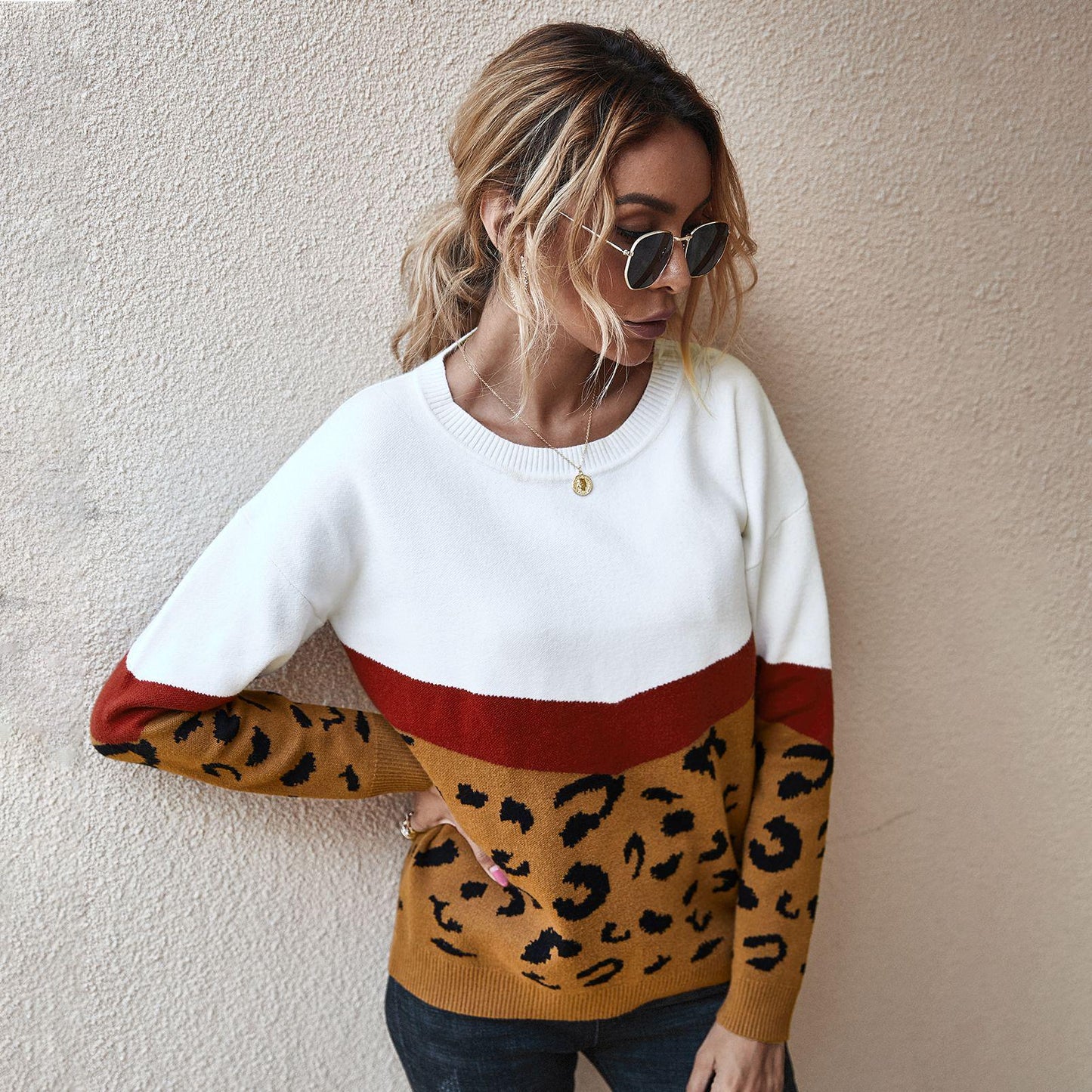 Women Autumn Winter Casual Knitted Sweater Jumper Pullovers Top O-neck Full Sleeve Leopard Patchwork Khaki Brown Gray Army Green S-XL