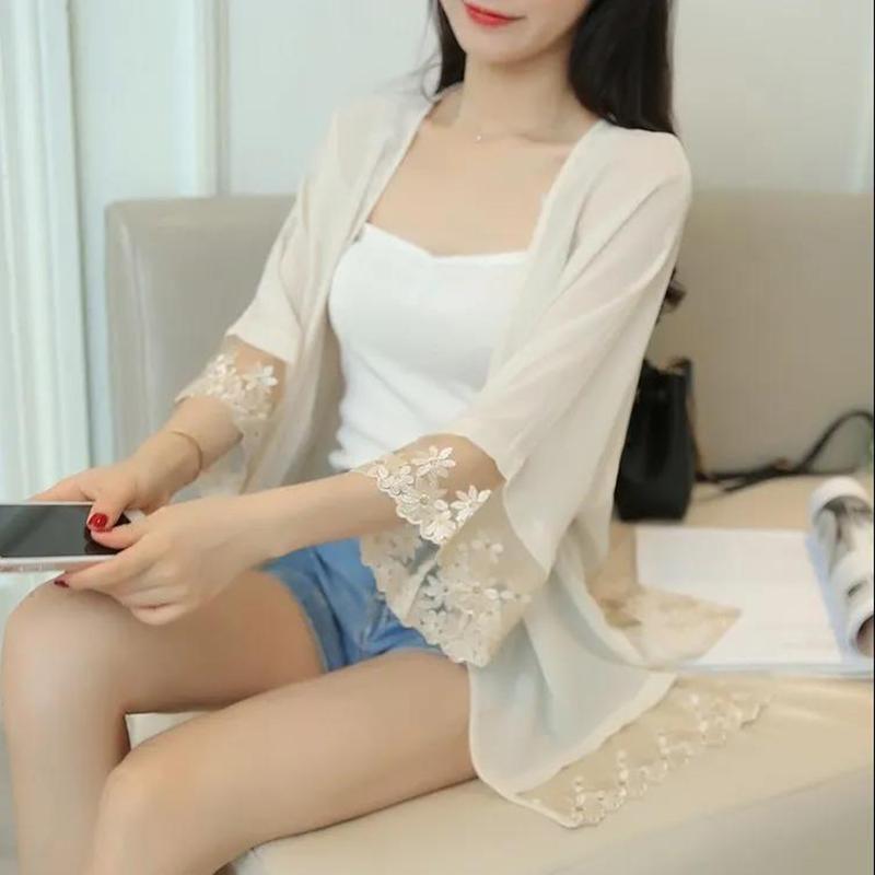 Beach Sun Cardigan Chiffon Women's Summer Thin Cotton Linen Anti-UV Length Above Knee