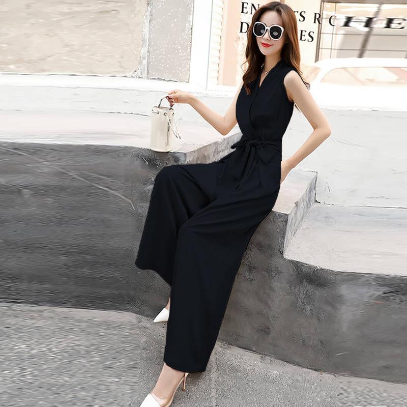One-piece Wide-leg Pants Women's Summer Leisure V-neck Slim-fitting Jumpsuit Suit Chiffon Fabric Light and Breathable Waist Slimming One-piece Suit