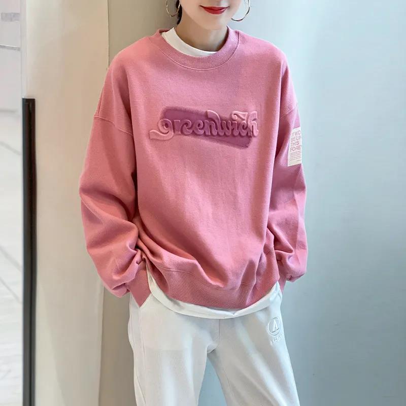 Vintage Women Sweatshirt Ultra Simple Sleeve Contrast Line Design Embroidery Crew Neck Loose Casual Sweatshirt