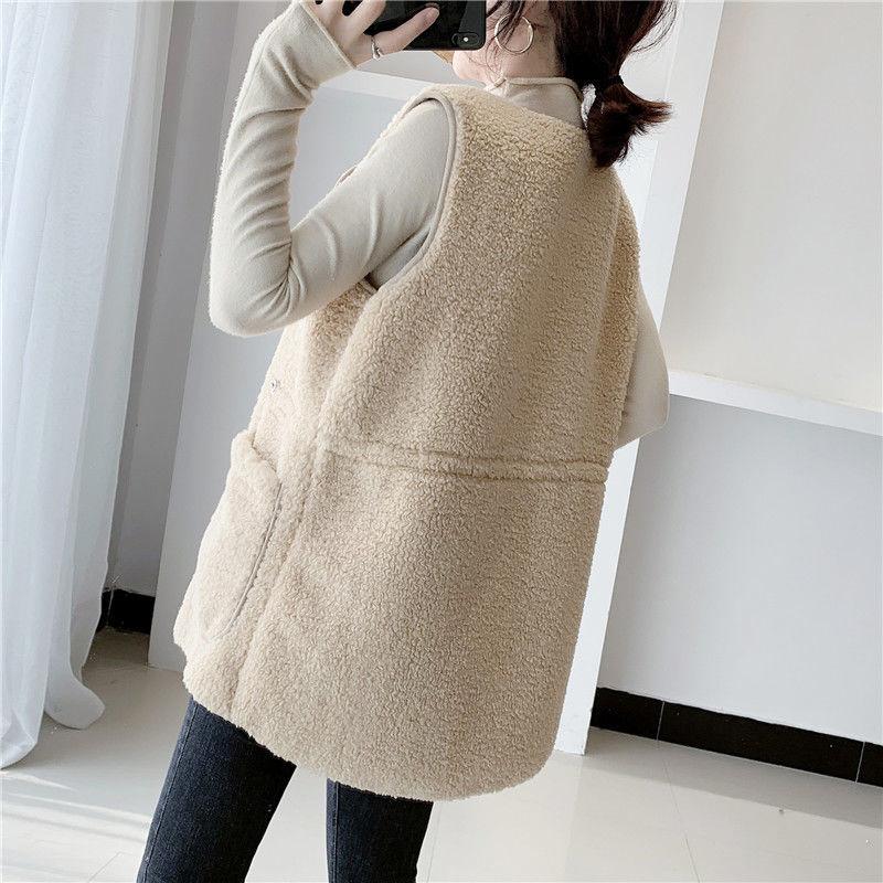 Lamb Wool Warm Vest Female Outer Wear Fur One Coat Female Wild Loose Autumn and Winter Waistcoat Female Round Neck Sleeveless Jacket