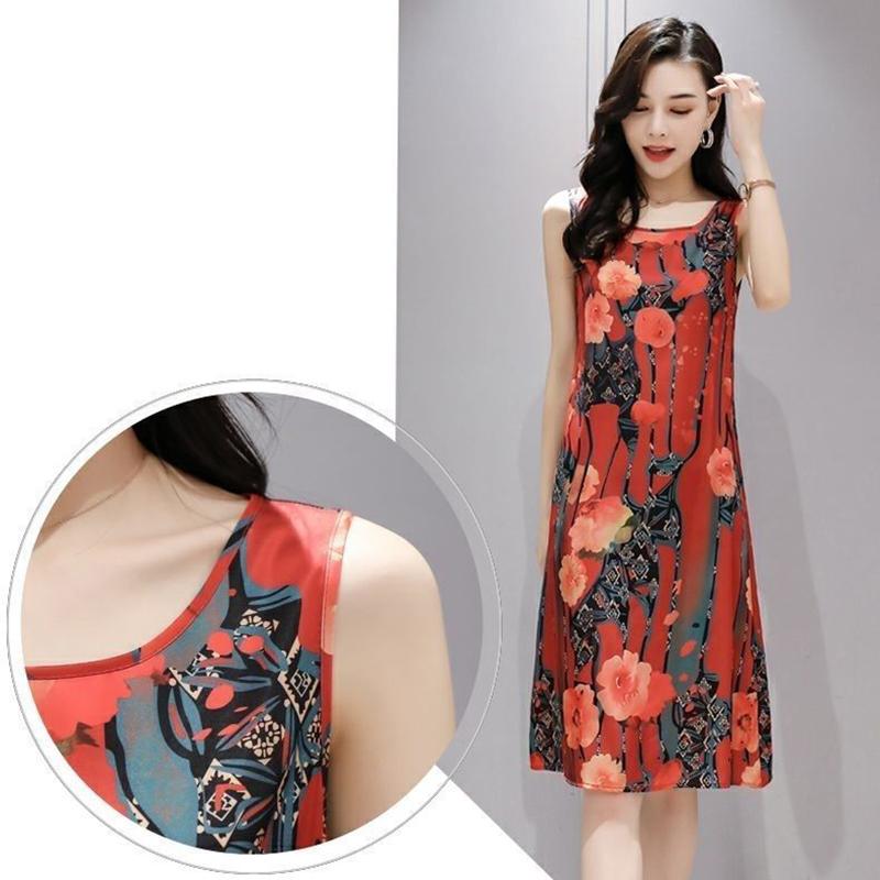 Summer Ethnic Print Dress Round Neck Mom Loose Slim Mid-length Vest Skirt Daily