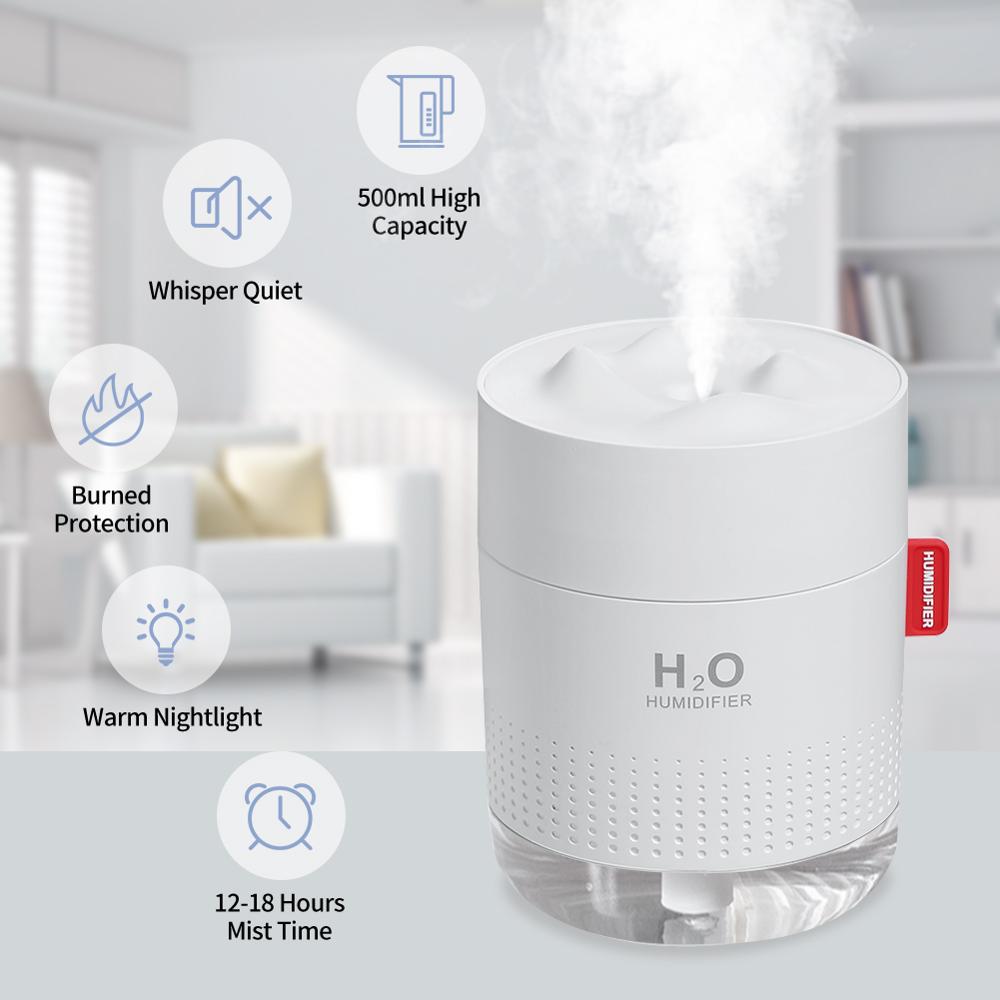 Snow Mountain Humidifier Continuous Spray Modes Desk Humidifiers Intermittent Spray Modes 500ml Night Light Function