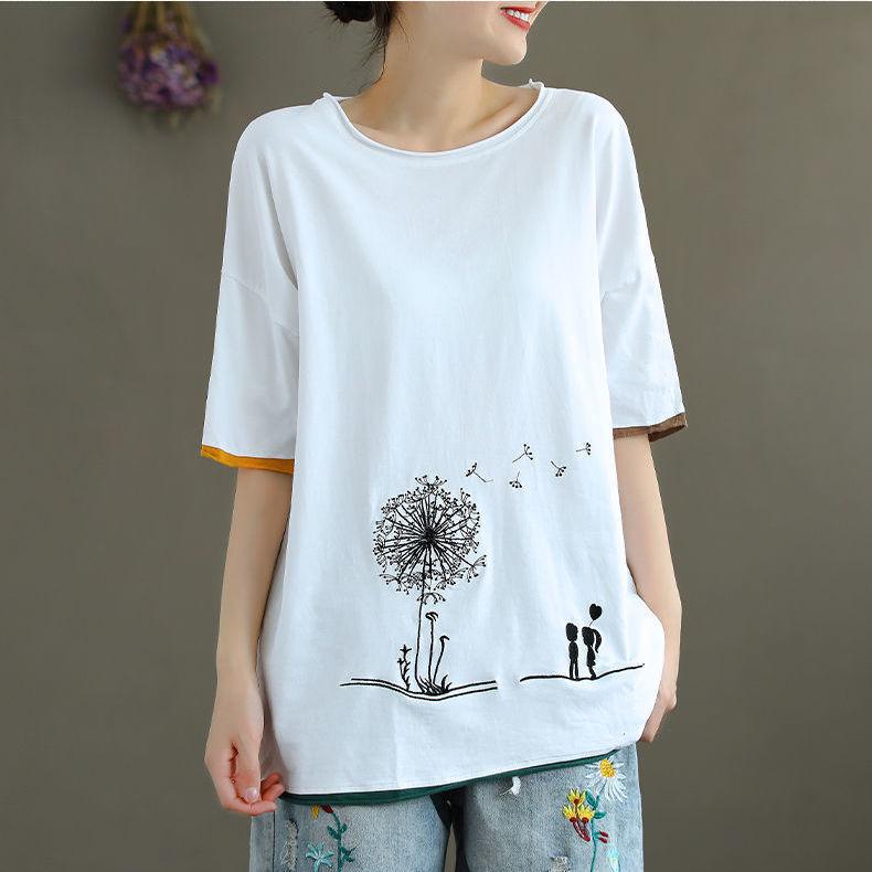 Large Size Dandelion Print T-shirt Ladies Short Sleeve Shirt Casual Loose Pullover Summer