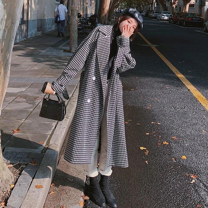 Black and White Houndstooth Windbreaker Jacket Female Spring and Autumn Long Style Over-the-knee Waist Belted Temperament Loose Coat
