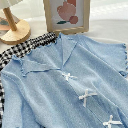 V-neck Short-sleeved T-shirt Women's Summer Slim Short Fungus Edge Knitted Sweater Ice Silk Thin Top