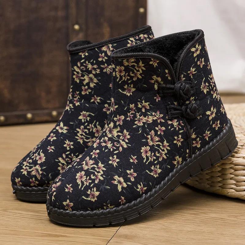Winter Women  Cotton Shoes Plus Velvet Warm Non-slip Wear-resistant Ethnic Snow Boots Traditional Cotton Boots