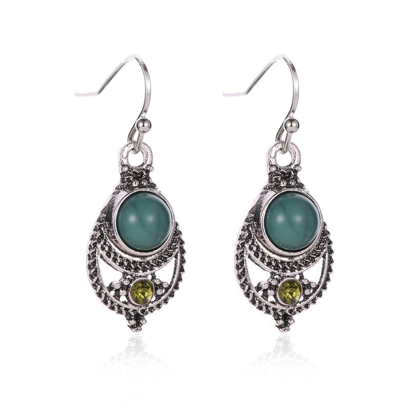 Ear Jewelry Bohemian Style Sub-turquoise Pendant Court Retro Hollow Carved Ear Hook Earrings