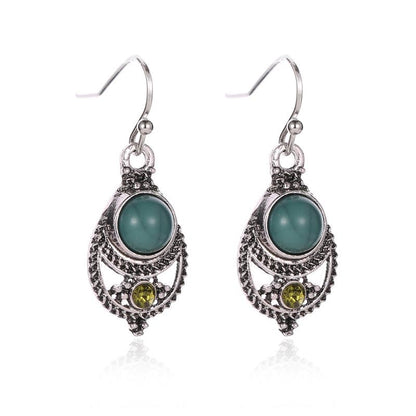 Ear Jewelry Bohemian Style Sub-turquoise Pendant Court Retro Hollow Carved Ear Hook Earrings