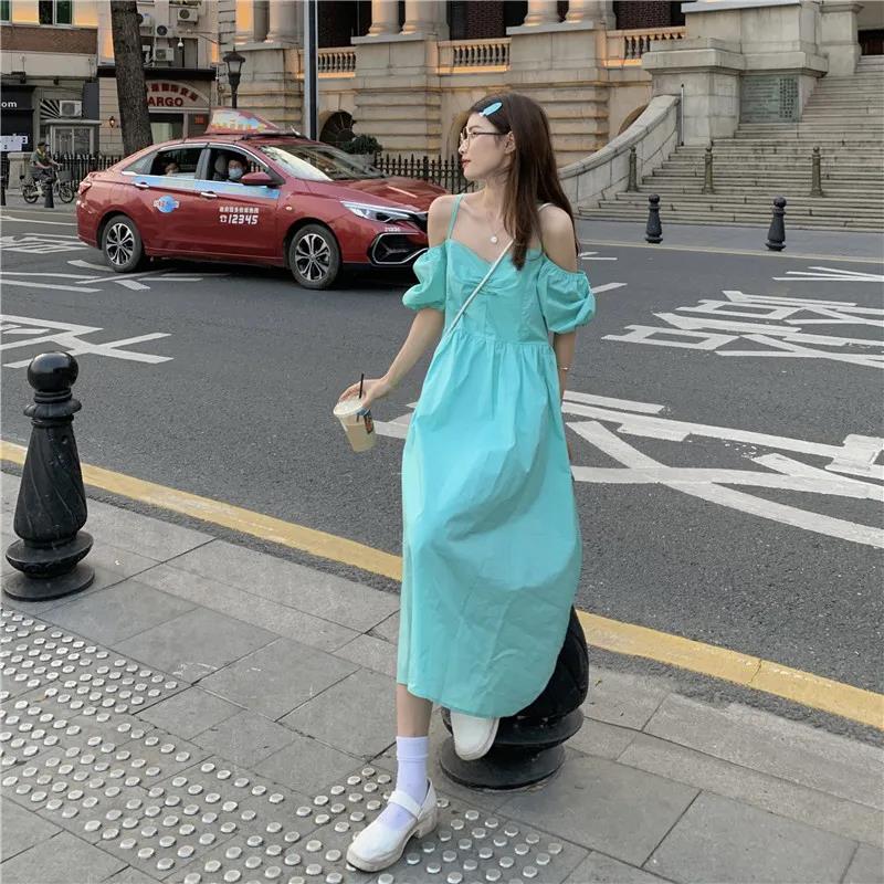 Women's Summer Solid Color Skirt Puff Sleeve Dress V-neck Midi Skirt