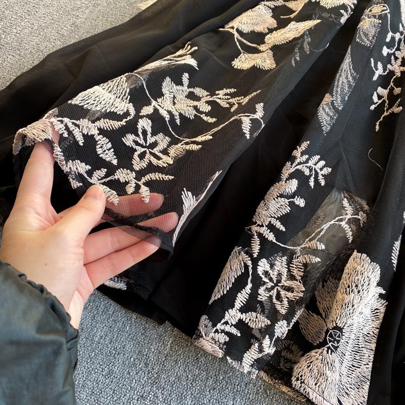 Spring Summer Fairy Flower Embroidery Dress Women Elegant Lantern Sleeve Mesh Patchwork Party Black