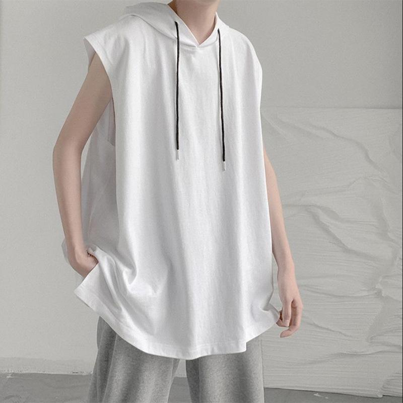 Summer Solid Color Hooded Vest Men's Trendy Loose Waistcoat Slit All-match Sports Hoodie Vest