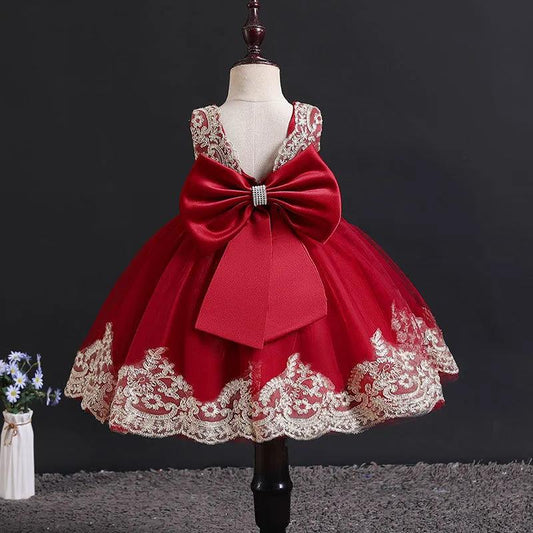 Children's Dress Skirt Girl Baby Lace Bow Dress Temperament Sleeveless Open Back Lace Plaid Skirt Tutu Skirt Waist A-line Skirt