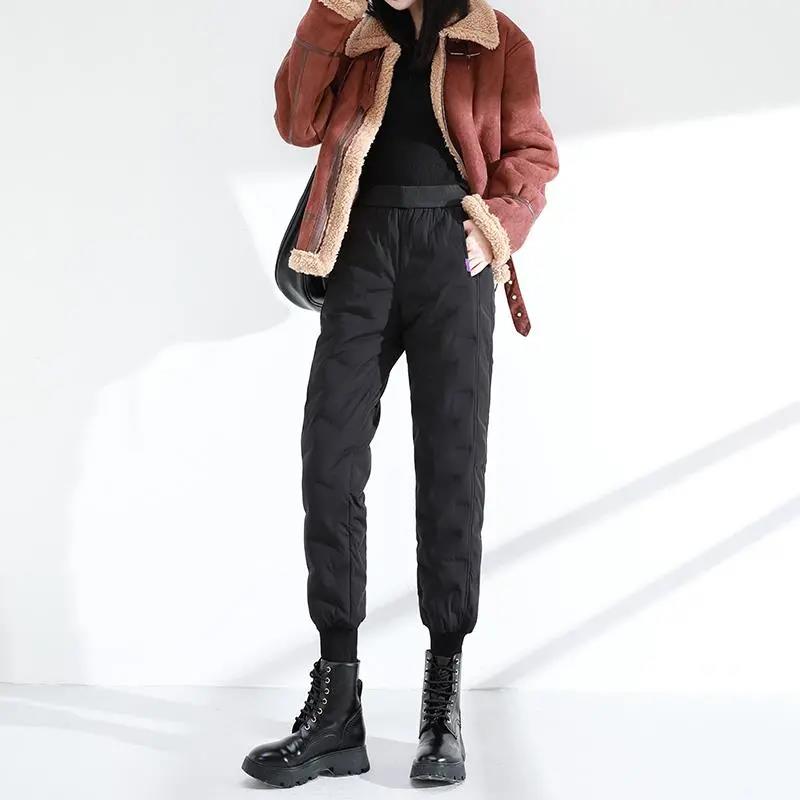 Down Cotton Trousers for Women's Outer Wear Fashion Plus Velvet Thickening Winter Models with Waistband, Leisure and Thin Warm Cotton Trousers