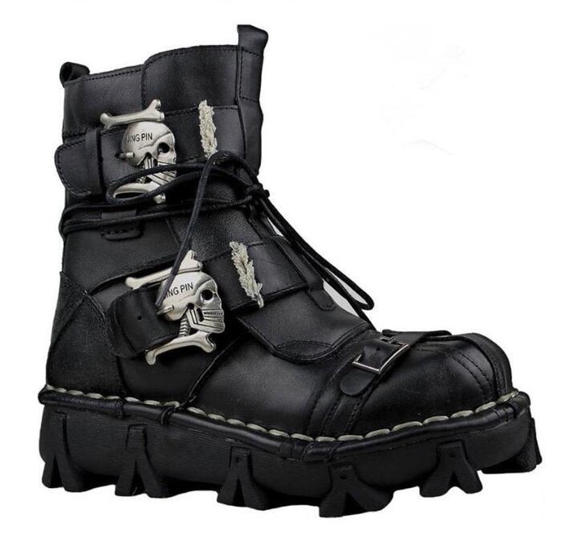 Men Genuine Leather Military Uniform Boots Gothic Skull Punk Martin Platform Mid-calf Boots