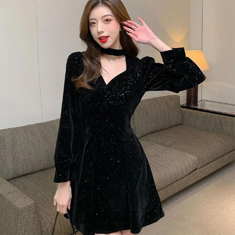 Spring and Autumn Women's Clothes Dating To Work Velvet High Sense Dress New Year Festive Hanging Neck Sexy Hollow Small Dress
