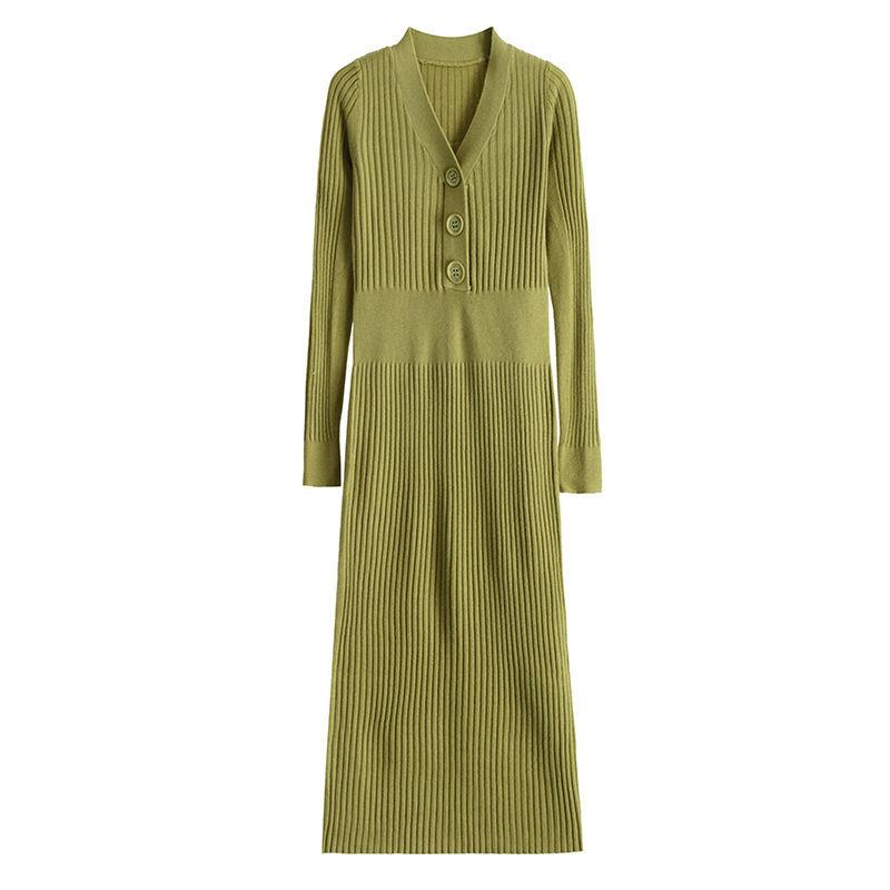 Autumn and Winter Fashion Padded Sweater Skirt Mid-length Over The Knee V-neck Knitted Dress Slim Inner Base Bag Hip Skirt