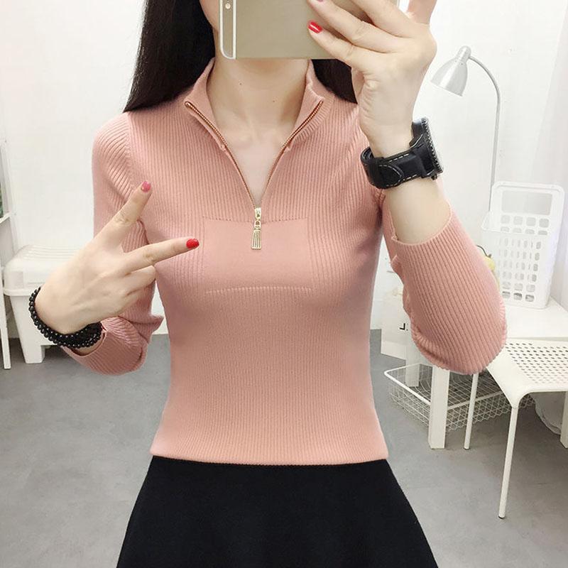 Autumn and Winter Knitted Solid Color Bottoming Shirt Zipper Short Slim Top Long Sleeve Simple Female Sweater