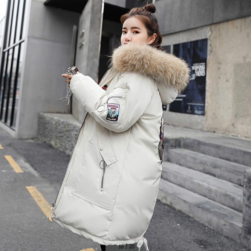 Women Elegant Lady Faux Large Fur Collar Hooded Down Parkas Thick Warm Cotton-Padded Long Jacket
