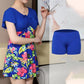 Women's Conservative Swimsuit V-Neck Pleated Collar Lotus Leaf Sleeves Flower Printed Beachwear Covers Belly Thin Loose Large Size Swimwear