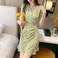 Women's Summer Floral Dress V-neck Slim Puff Sleeve Skirt