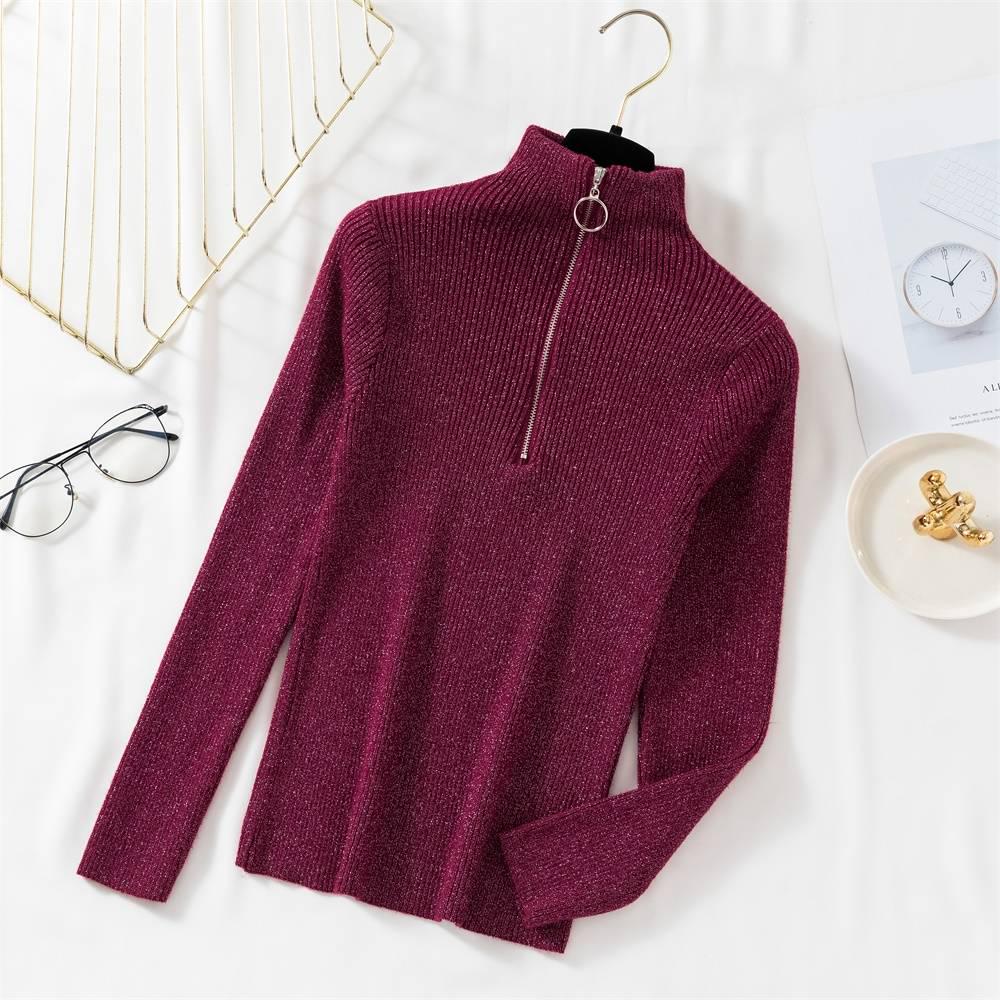 Women Shiny Lurex Turtleneck Zipper Sweater Knitted sweater Pullovers chic Jumper top Winter female