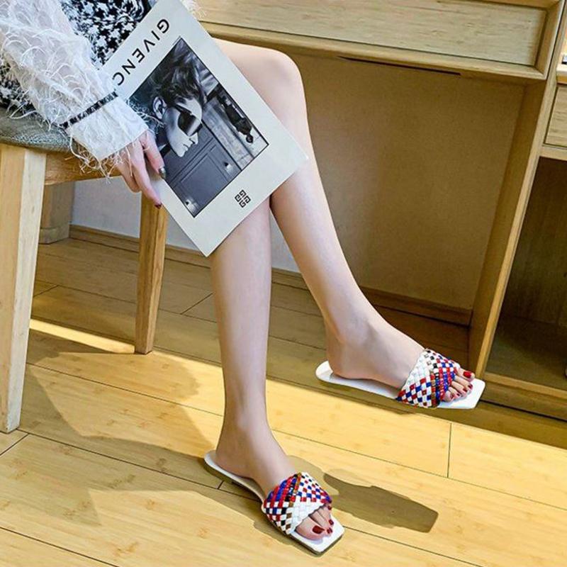 Color-blocking Woven Sandals  Slippers Women's All-match Outer Wear Summer Square-toe Flat-bottomed Slippers