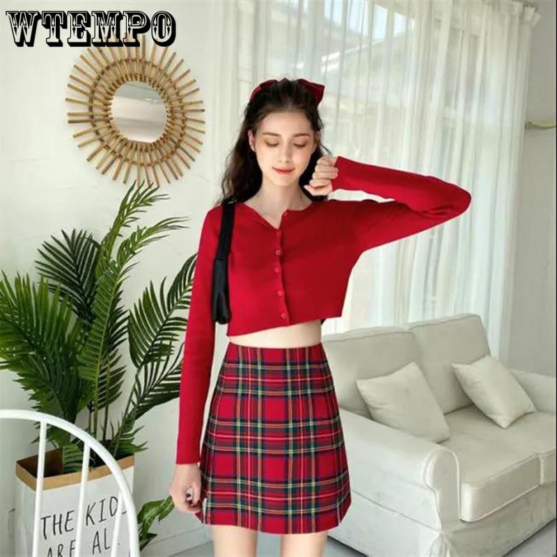 A-line Plaid Skirt Sweet Girl Student Mini Women High Waist Grid Split Short Skirts