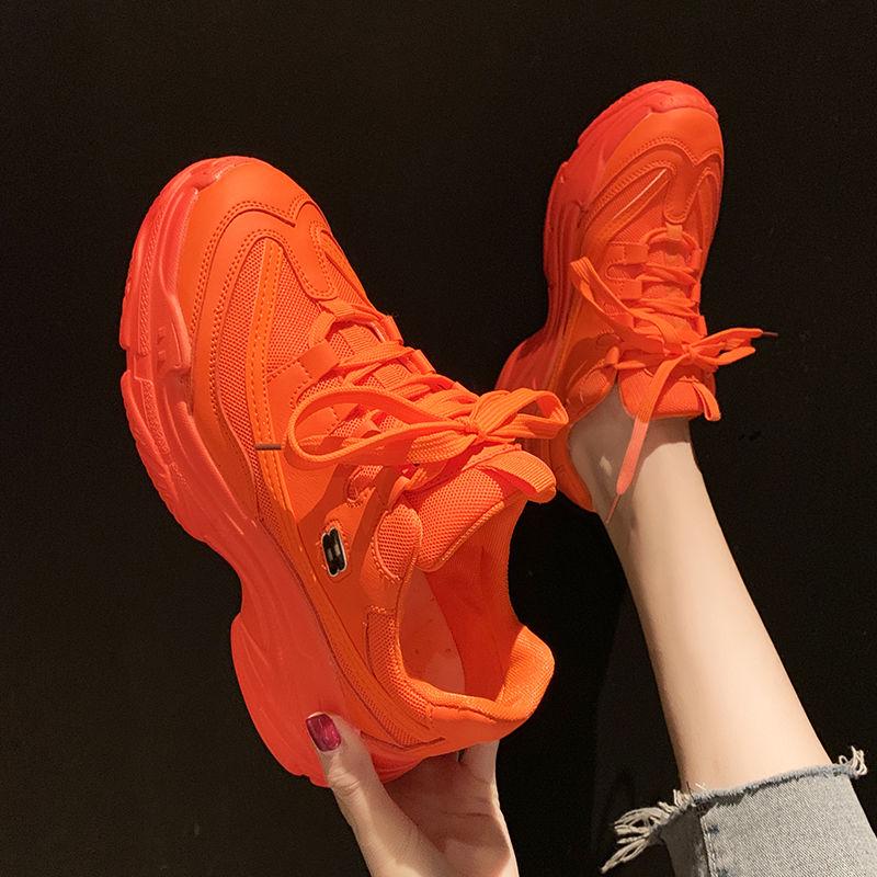 Fluorescent green daddy shoes female ins tide net red double mesh surface thick bottom sports shoes