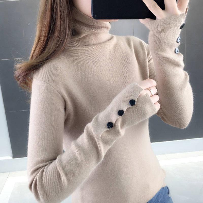 Pofulove Women Turtleneck sweater button warm Knitted Pullover Sweater Tops Pull Femme Jumper Winter