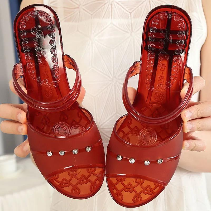 Sandals Women's Summer Mid-heel Crystal Outer Wear Non-slip Beach Heightened Thick Heels