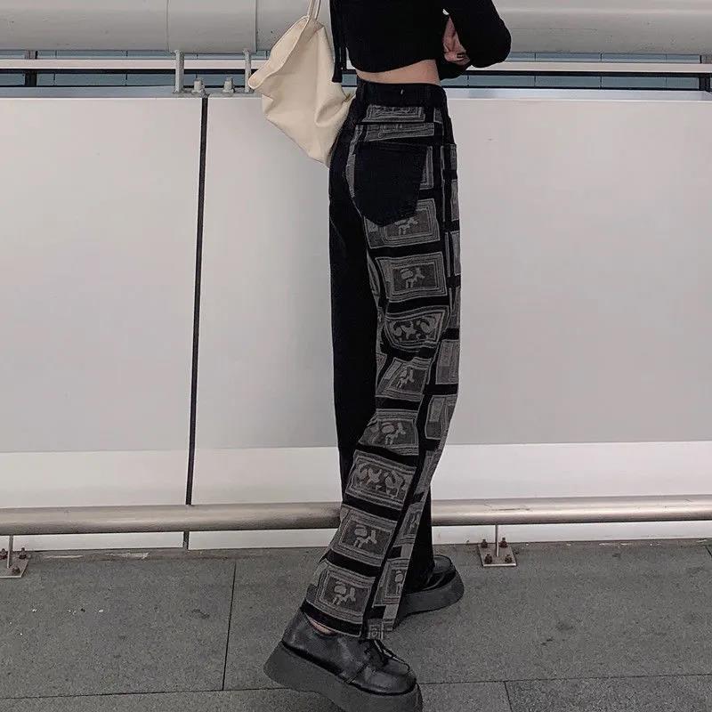Retro Contrast Color Wide-leg Jeans Women's Spring New Loose Vibe Retro Design High Waist Straight Mop Pants