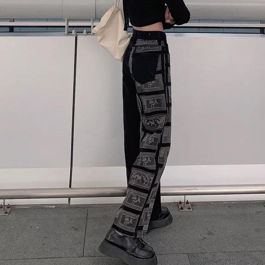 Retro Contrast Color Wide-leg Jeans Women's Spring New Loose Vibe Retro Design High Waist Straight Mop Pants