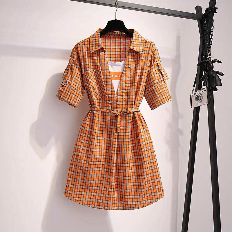 Pofulove Summer dress plus size women's plaid dress slim short sleeve shirt dress with pocket