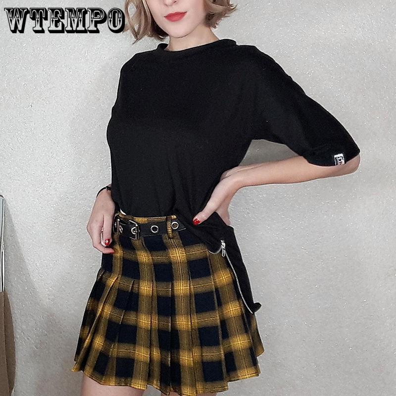 Women Skirts Cute Yellow Black Red Lattice Pleated Skirt Punk Style High Waist Short Skirt
