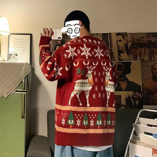 Autumn and Winter Loose Sweater Thick Style Lovers Jacket Hong Kong Style Korean Loose and Lazy Christmas Sweater