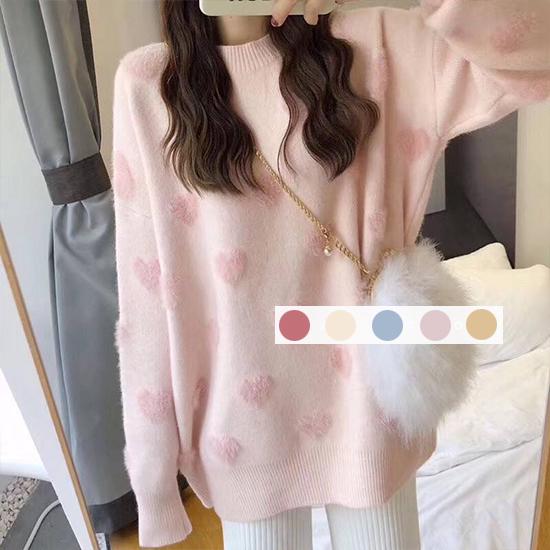 Women Knitwear Crew Neck Loose Simple Color Cherry Heart Print Sweater Pullover Jumper Top