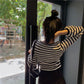 Autumn Color Contrast Striped V-neck Sweater Women's Long-sleeved Outer Wear Tight-fitting Short Top