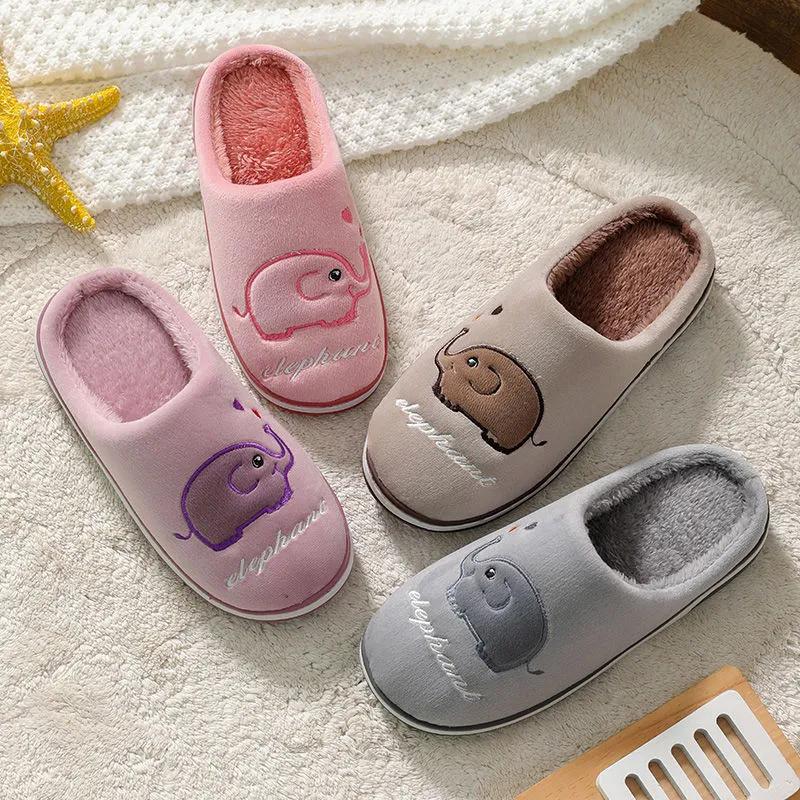 Women Winter Slippers Cute Elephant Embroidery Plus Size Cotton Shoes Men Home Indoor Casual Slippers Blue Pink Slippers Thick Fleece Warm Non Slip