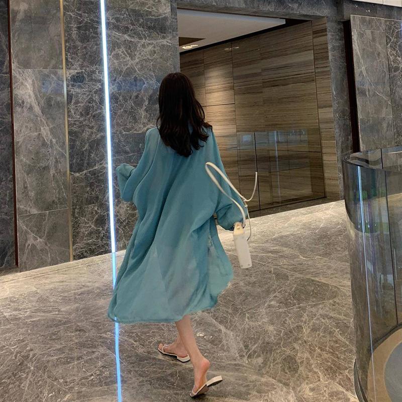 Batwing Sleeve Women's Beach Sun Protection Cardigan Plus Size Shawl Loose Outer Chiffon Long Sleeve  Mid-calf Solid Color