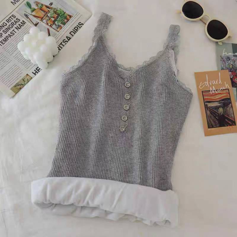 Inner Wear for Women Velvet Vest Sexy Winter Thermals Sleeveless Body Tops Solid Slim Lace Side V Neck Thermal Underwear Black