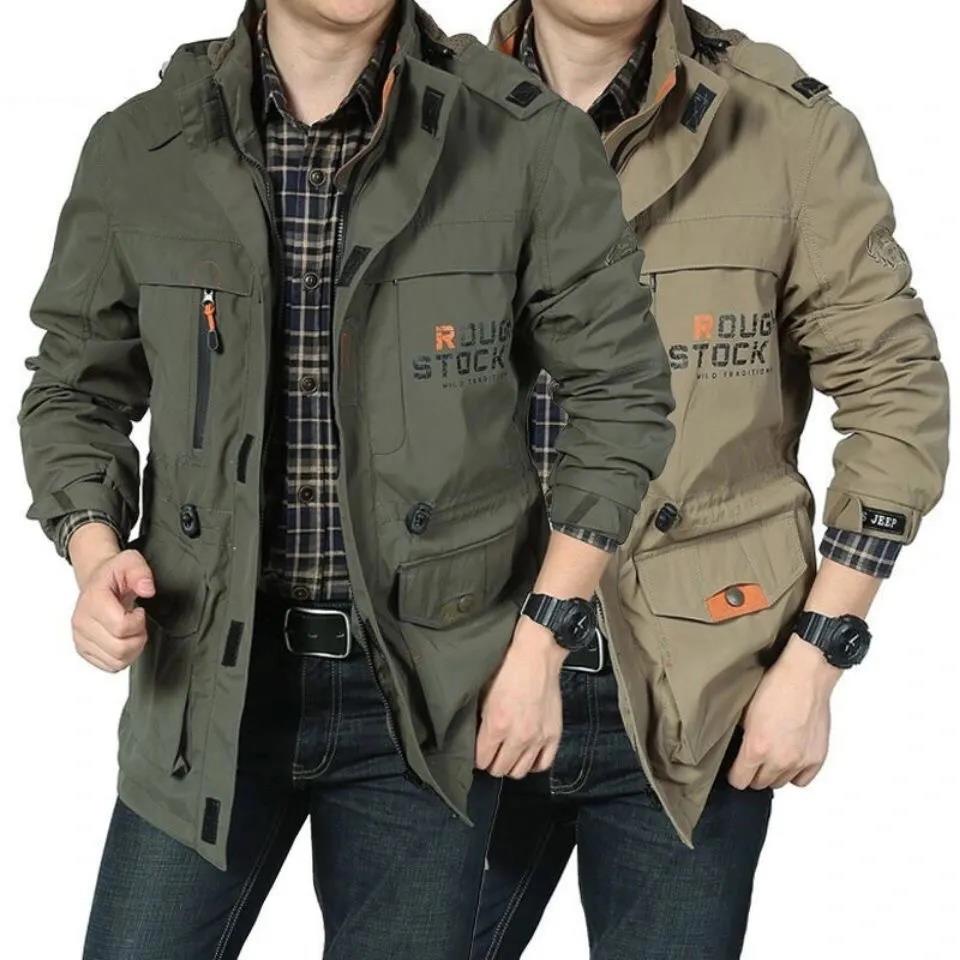 Autumn and Winter Thickened Jacket Men's Outdoor Leisure Multi-pocket Mid-length Jacket Large Size Waterproof Men's Jacket