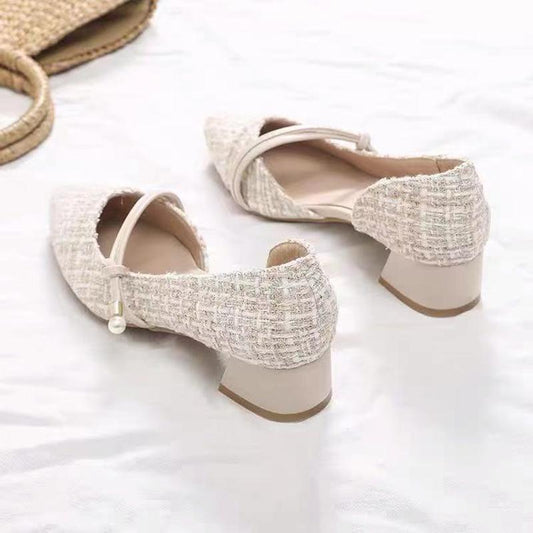 Shallow Mouth Pointed Toe Side Hollow Thick Heel Mid-heeled Shoes Women Working At Work Can Wear Mid-heeled High-heeled Shoes Sweet Style