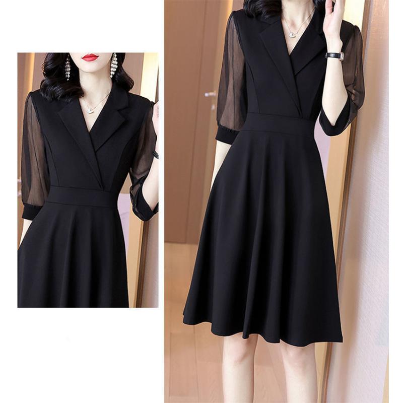 Mesh Stitching Three-quarter Sleeves Little Black Dress Waist and Slim Temperament A-line Skirt Suit V-neck Dress