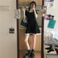 Women's Spring and Summer French Lace Square Neck Versatile Waist Short Sleeve A-line Skirt