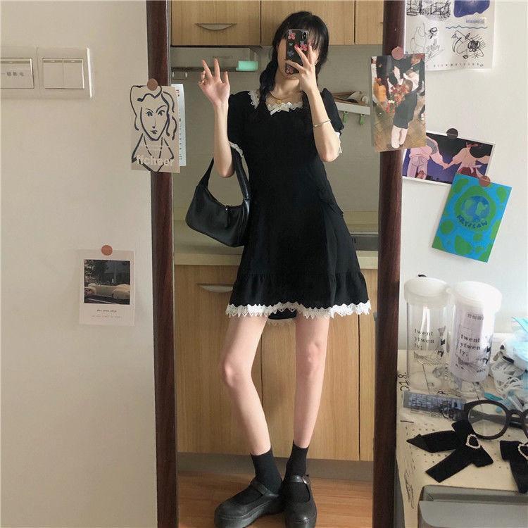 Women's Spring and Summer French Lace Square Neck Versatile Waist Short Sleeve A-line Skirt