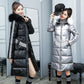 High-end Shiny Parka Jacket Winter Women's Long Slim Padded Jacket Thicken Waterproof Hooded Parka Coat with Faux Fur Collar